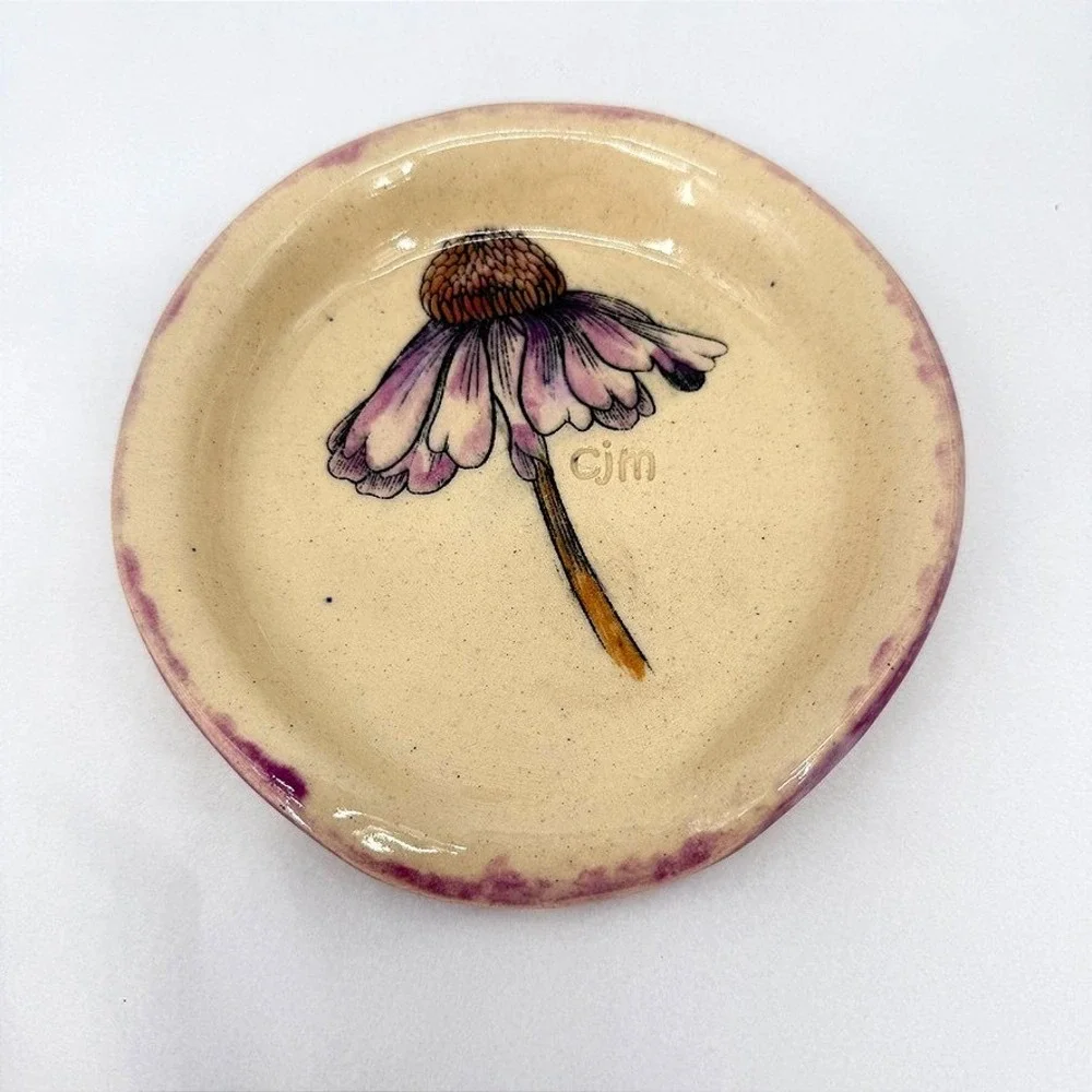 CJM Pottery Spoon Rest Dish Echinacea Floral Handmade Ceramic Kitchen Decor